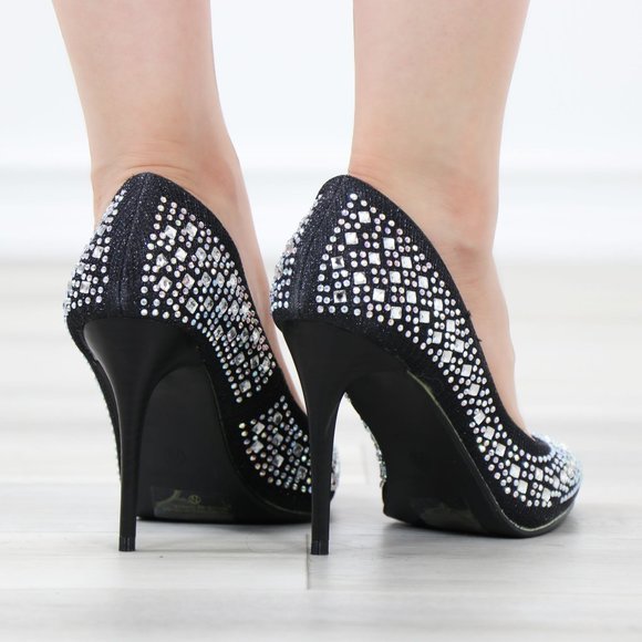 Sparkly Diamond Rhinestone Glitter  Black Pointy Toe Needle High Heel Stiletto - Picture 6 of 15